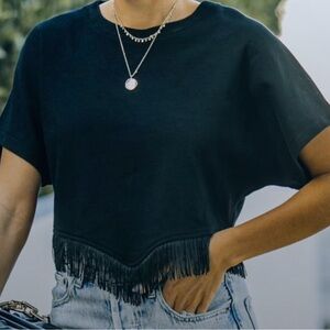 Black top, fringe hem, size: L